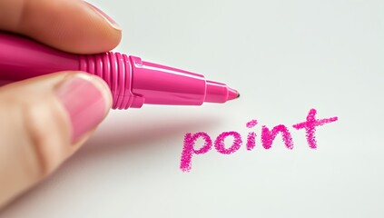 Close-up of a hand writing the words  point with a pink marker on a white paper
