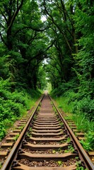 Railway Tracks Stretching Through Lush Green Forest Tunnel