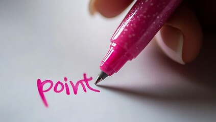 Close-up of a hand writing the words  point with a pink marker on a white paper
