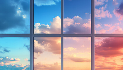 Beautiful view of sky through windows in day and night, collage
