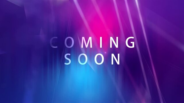 Coming Soon 4K 3D creative design cinematic title trailer background concept. Coming Soon white text title with digital sci fi blue pink effect abstract backgroud