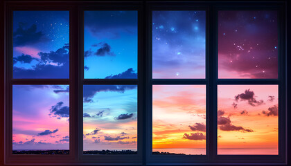Beautiful view of sky through windows in day and night, collage