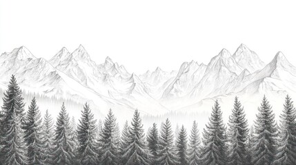 Fototapeta premium Snowy Mountain Range, Forest Landscape, Illustration