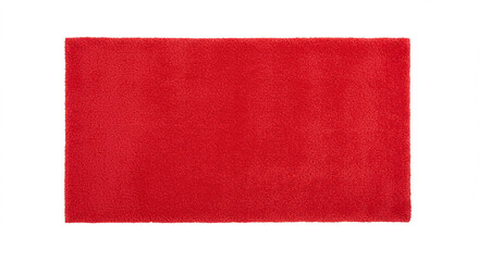 Red rectangular carpet on a white background. Soft material floor covering. Cozy and simple interior object. Texture and style. Plain mat. Decorative element.