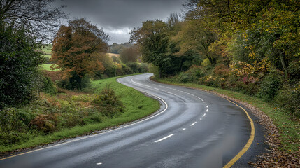 Naklejka premium Autumn Country Road In Wet Weather