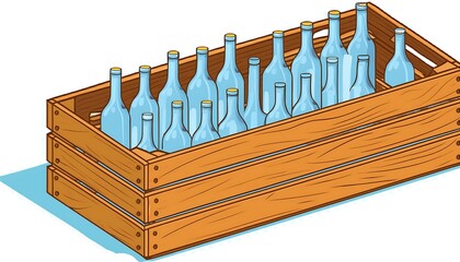 Wooden Crate Filled with Clear Glass Bottles Sitting on a Light Background and Casting a Soft Shadow