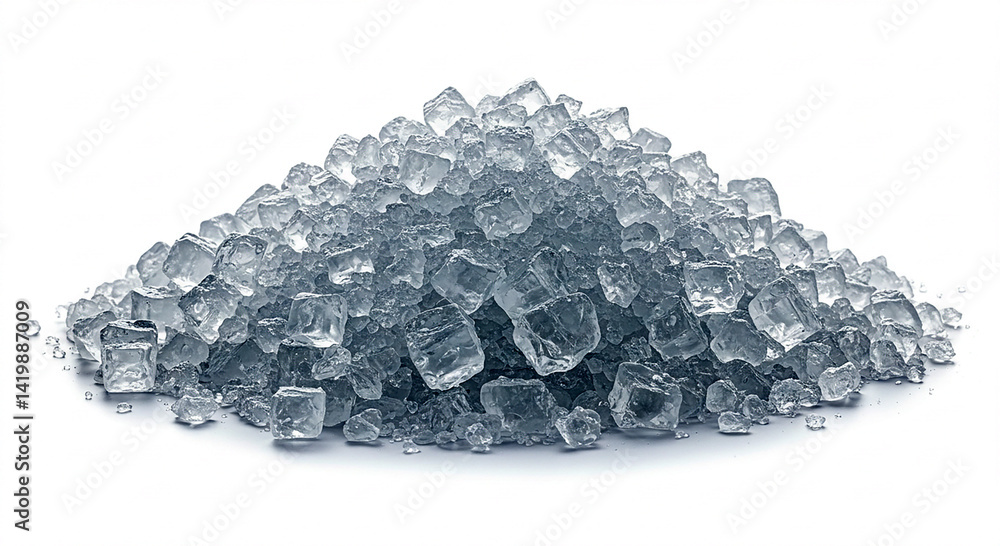 Poster pile of shiny ice cubes. heap of clear frozen water. cold refreshing ingredient on white background.