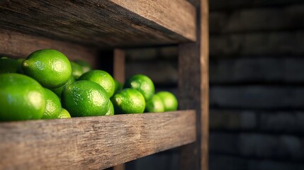 Fresh Vibrant Limes Arranged Neatly on Wooden Shelf with Rustic Background