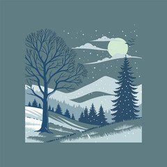 Winter Night Landscape with Snowy Mountains, Pine Trees, and Full Moon – Vector Illustration