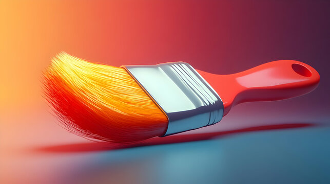 Close Up of a Red Paintbrush with Orange Bristles on a Blue and Purple Background with Soft Lighting in a Studio Environment