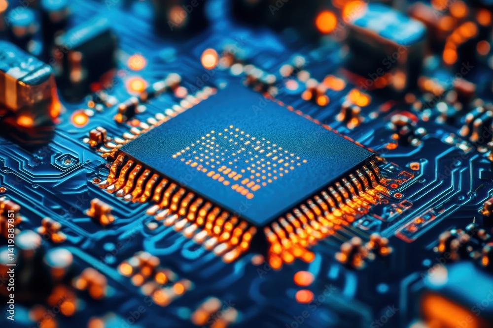 Poster close-up view of a microchip on a circuit board illuminated by blue lights
