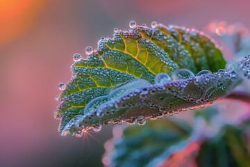 A close-up view of a dewdrop-covered leaf glistening in the soft morning light, showcasing nature's delicate beauty.