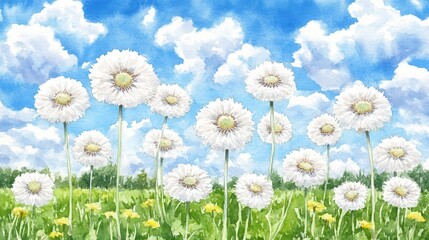 Obraz premium Dandelion meadow White spheres rise against a painted sky