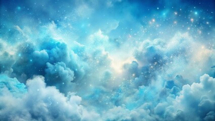 Fototapeta premium Ethereal Dreamscape A Celestial Canvas of Azure Clouds and Sparkling Stardust, Illuminated by a Gentle, Mythic Glow