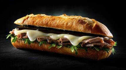 Savory french dip sandwich overflowing with juicy meat and melted cheese on a dark background
