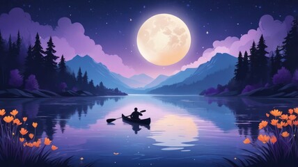 Fototapeta premium Serene lake scene at night. A lone kayaker paddles across a calm lake under a full moon, surrounded by mountains and a forest. Soft, pastel colors create a peaceful and dreamy atmosphere