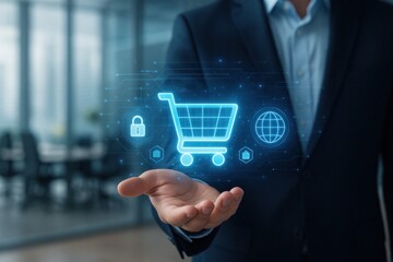 Futuristic concept of e-commerce in hand, holographic shopping cart, lock symbol, and world map icons glowing in business setting