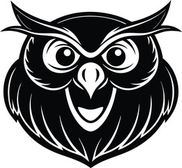 ghost type owl cartoon character head icon, smiling owl horror face silhouette icon, symbol of wow, emotion, smiling reaction face owl, halloween horror owl head, cute owl face on white background.