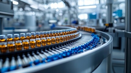 Pharmaceutical bottling production line in a modern facility.