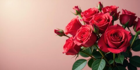 Obraz premium A vibrant bouquet of crimson roses, a symbol of passionate love and heartfelt affection, elegantly arranged against a soft, blushing background.