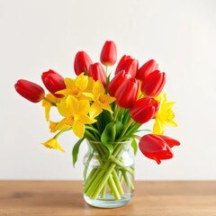 Fototapeta premium Vibrant red tulips & sunny daffodils in a clear glass vase, daffodils, yellow flowers