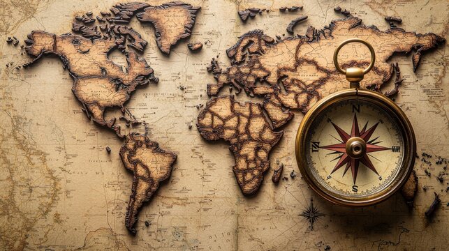 Vintage world map with engraved continents and an antique compass on parchment background for travel planning exploration maritime navigation and adventure concept