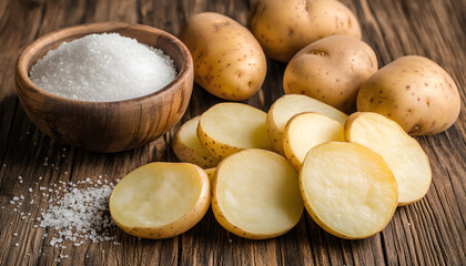 Fototapeta premium Tasty chips, salt and raw potatoes on wooden table