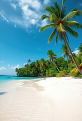 Obraz premium White sand beach, turquoise water, lush tropical vegetation, palm trees, deserted island, remote, coral, tropical