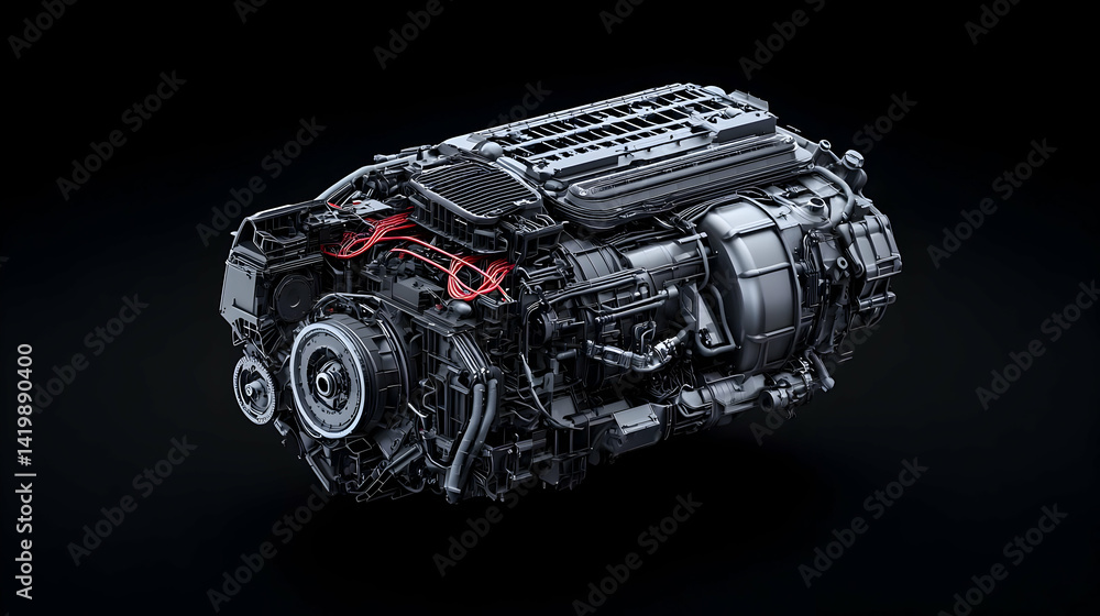 Poster detailed engine design with complex components