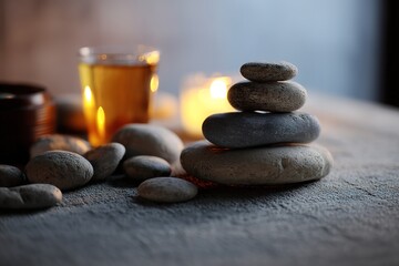 Stacked stones with beverage and candles create a calming zen-like atmosphere.