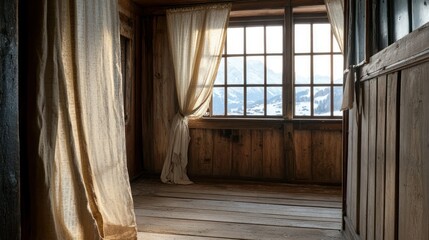 Interior view of a room with wooden walls and window light