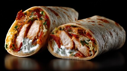 Flavorful and satisfying burrito filled with savory ingredients served on a black background for enhanced presentation