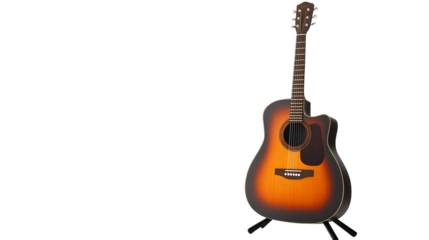 Professional Acoustic Guitar Leaning on Stand Isolated on White Background