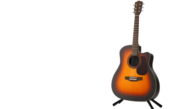 Professional Acoustic Guitar Leaning on Stand Isolated on White Background