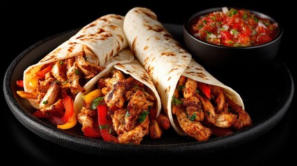 Elegant plate filled with freshly prepared food featuring chicken and accompaniments on a realistic black background