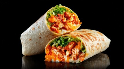 Gourmet buffalo chicken wrap presented on a black background featuring tortilla rolled with flavorful chicken filling
