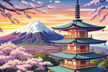 amazing Fujiyoshida landscape Japan Beautiful view of mountain Fuji and Chureito pagoda at sunset time, japan in the spring with cherry blossoms