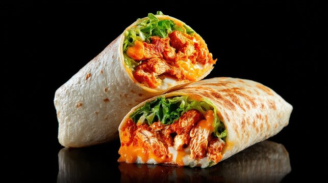 Gourmet buffalo chicken wrap presented on a black background featuring tortilla rolled with flavorful chicken filling