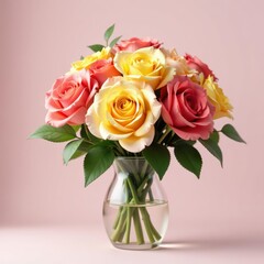 Fototapeta premium A mixed pink and yellow rose bouquet, displayed in a simple vase , anniversary, colorful, home decor