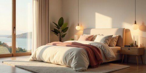 Serene Coastal Bedroom with Sunlight Streaming Through Large Window, Soft Bedding, and Minimalist Nightstand