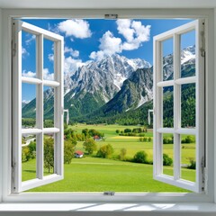 Scenic View of Snow-Capped Mountains Through Open Window Frame