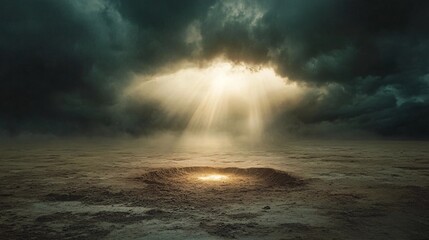A dramatic ray of light breaking through thick storm clouds over a desolate land