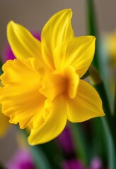 Obraz premium Close-up of a vibrant yellow Easter daffodil, petals unfurled, daffodil, garden, sunny