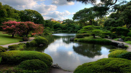 Fototapeta premium Peaceful Japanese Garden Pond With Pink Flowers