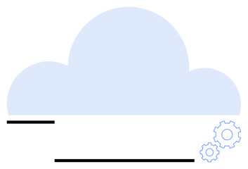 Fototapeta premium Blue cloud with two small gear icons, representing online data storage, processing, and innovation. Ideal for technology, backup, server, innovation, automation infrastructure flat simple metaphor