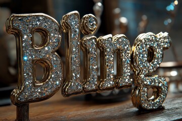 Glittering Bling Word Sign with Sparkling Gems in Warm Lighting
