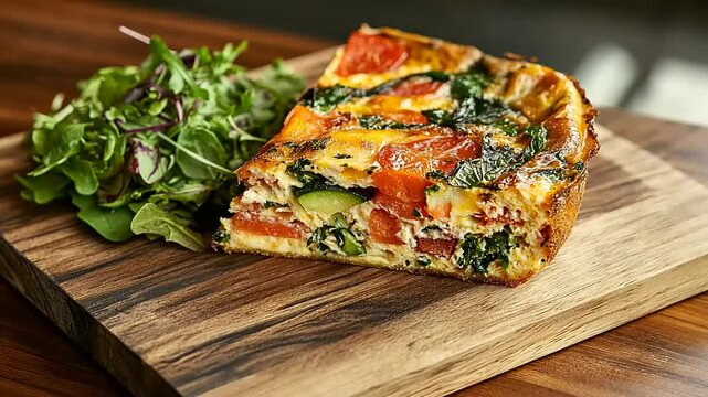 Colorful vegetable frittata served on a wooden board with fresh greens in a cozy dining setting