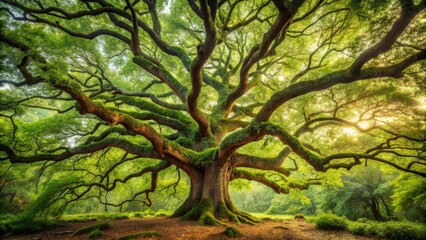 Obraz premium Majestic Ancient Tree, Lush Canopy, Sunlight Filtering Through Branches, Serene Forest Setting