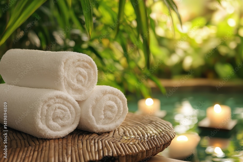 Poster relaxing spa atmosphere with rolled towels and candles in a tranquil setting