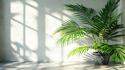 Lush Green Palm Plant in Bright Sunlit Room with Soft Shadows